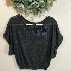Wet Seal Charcoal Cropped Top with Flower and Pearl Accents at Neckline S